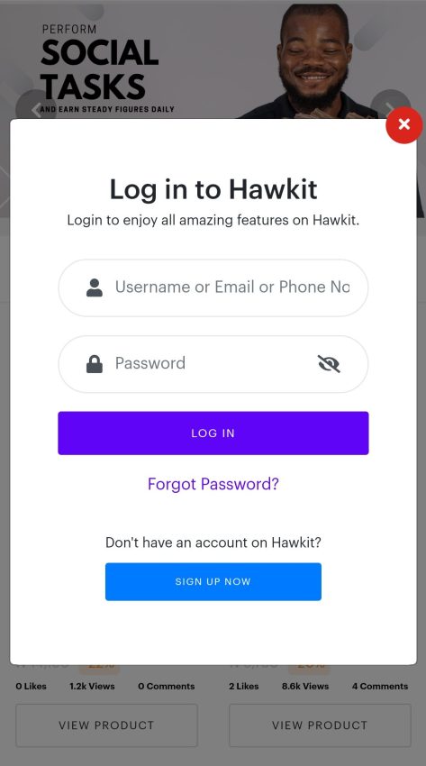 Sign in page of Hawkit